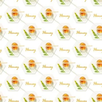 Seamless pattern with liquid organic honey in glass jar, meadow flower Stock Photos