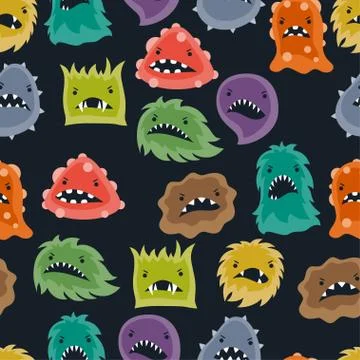 Seamless pattern with little angry viruses and monsters. Stock Illustration