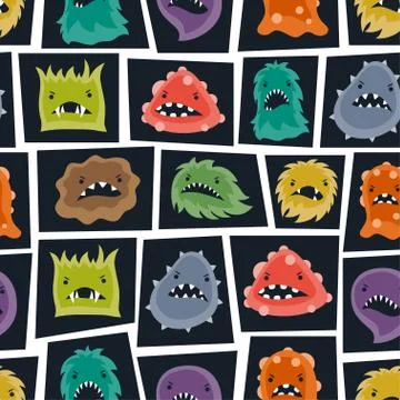Seamless pattern with little angry viruses and monsters. Stock Illustration