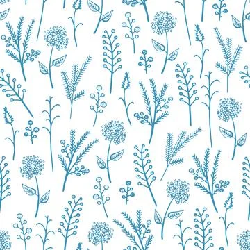 Seamless pattern of a little blue flowers and twigs on a white background, ve Stock Illustration