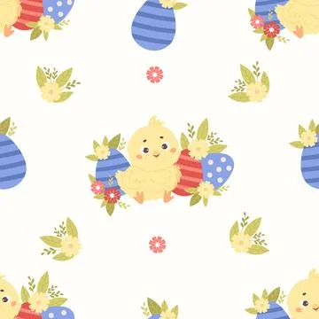 Seamless pattern little chick with Easter egg and flowers on white backgrou.. Stock Illustration