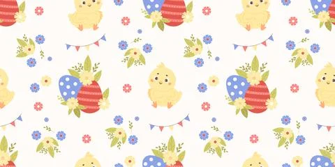 Seamless pattern little chick with Easter egg on white background with flow.. Stock Illustration