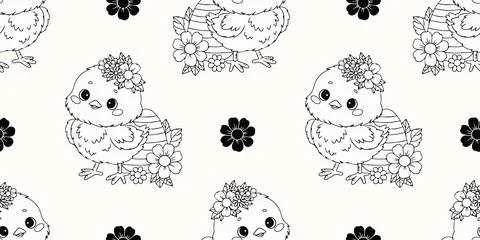 Seamless pattern little chick with Easter egg and flowers on white backgrou.. 스톡 일러스트