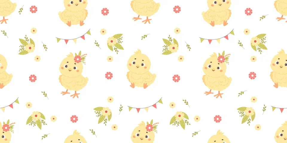 Seamless pattern with little cute chicks on white background with flowers. .. Stock Illustration