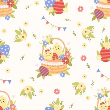 Seamless pattern with little cute chicks in Easter basket with eggs and flo.. Stock Illustration