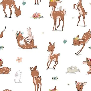 Seamless pattern with little deer and hare Stock Illustration