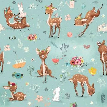 Seamless pattern with little deer and hare Stock Illustration