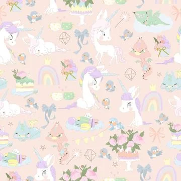 Seamless Pattern with Little Dragons, Magic Unicorns and Flowers on Pink イラスト素材