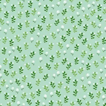 Seamless pattern with little flowers and leaves on pastel green background .. Illustrazione stock