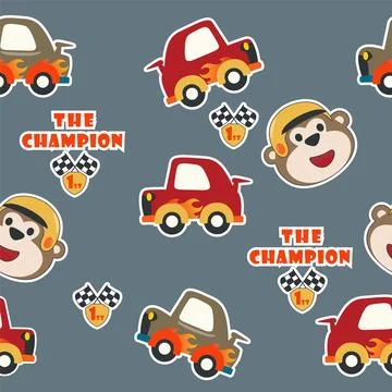 Seamless pattern with Little monkey bear racer, vector cartoon, イラスト素材
