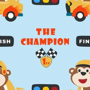 Seamless pattern with Little monkey bear racer, vector cartoon, イラスト素材