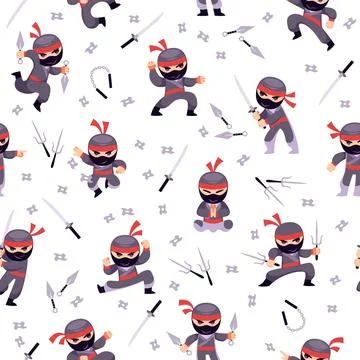 Seamless pattern with little ninja warriors. Decor textile, wrapping paper Stock Illustration