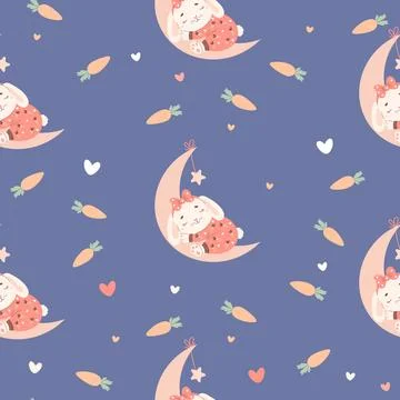 Seamless pattern with little sleeping bunny with pajamas on moon on blue ba.. Stock Illustration