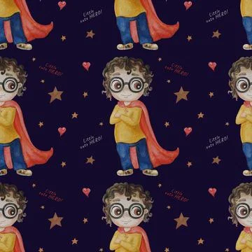 Seamless pattern with little super hero. A super boy with glasses and curly hair Stock Illustration