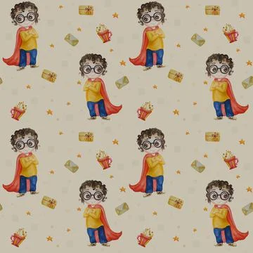 Seamless pattern with little superhero. Cute super boy with glasses and curls Stock Illustration