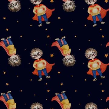 Seamless pattern with little superheroes. Two cute super-boys with a smile Stock Illustration