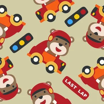 Seamless pattern with Little teddy bear racer, vector cartoon, Stock Illustration