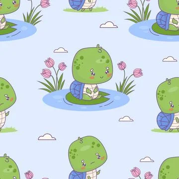 Seamless pattern with little turtle on leaf on lake with flowers on light b.. Stock Illustration