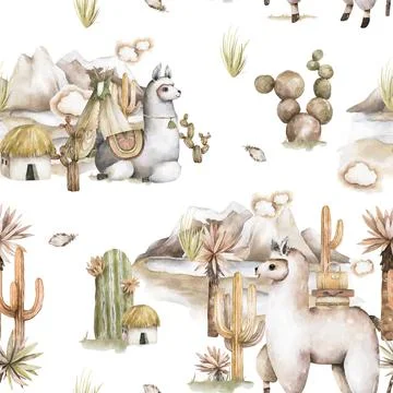 Seamless pattern with llama, alpaca, cactus, mountain. Childish print for fabric Illustrazione stock