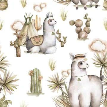 Seamless pattern with llama, alpaca, cactus, mountain. Childish print for fabric Stock Illustration