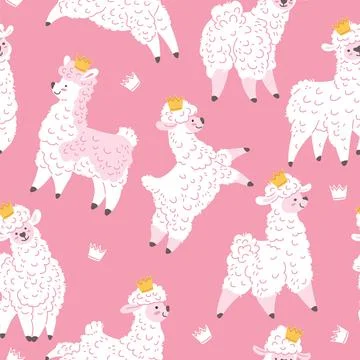 Seamless pattern with Llama alpaca, cartoon vector white wool Lama with crown 스톡 일러스트