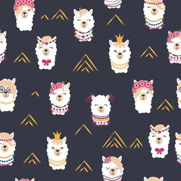 Seamless pattern with llama, alpaca faces. Cute drawings of llama head with.. 스톡 일러스트