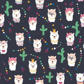 Seamless pattern with llama, alpaca faces. Cute drawings of llama head with h Stock Illustration
