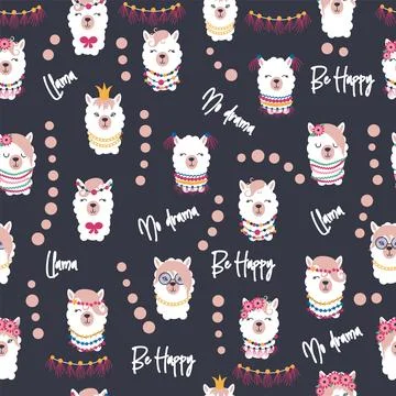 Seamless pattern with llama, alpaca faces. Cute drawings of llama head with h Stock Illustration