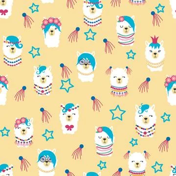 Seamless pattern with llama, alpaca faces. Cute drawings of llama head with.. 스톡 일러스트
