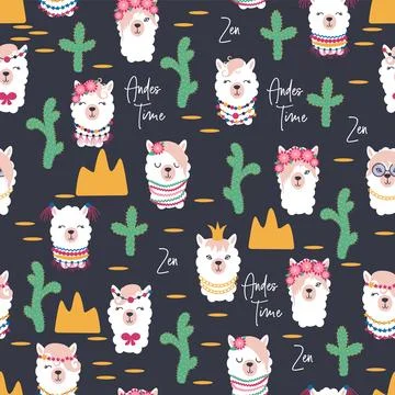 Seamless pattern with llama, alpaca faces. Cute drawings of llama head with h Stock Illustration