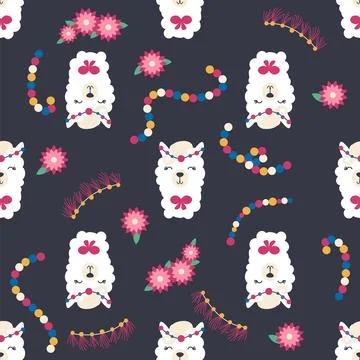 Seamless pattern with llama, alpaca faces. Cute drawings of llama head with.. Stock Illustration