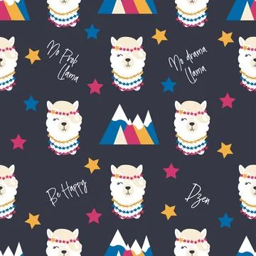 Seamless pattern with llama, alpaca faces. Cute drawings of llama head with h Stockillustratie