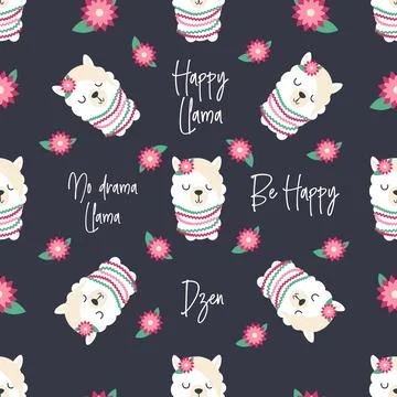 Seamless pattern with llama, alpaca faces. Cute drawings of llama head with h Stock Illustration