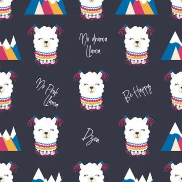 Seamless pattern with llama, alpaca faces. Cute drawings of llama head with h Stock Illustration
