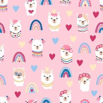 Seamless pattern with llama, alpaca faces. Cute drawings of llama head with h Stock Illustration