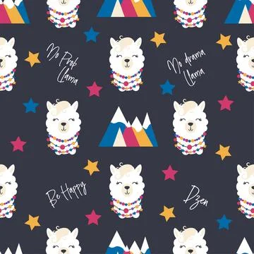 Seamless pattern with llama, alpaca faces. Cute drawings of llama head with h 스톡 일러스트