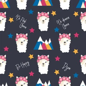 Seamless pattern with llama, alpaca faces. Cute drawings of llama head with h 스톡 일러스트