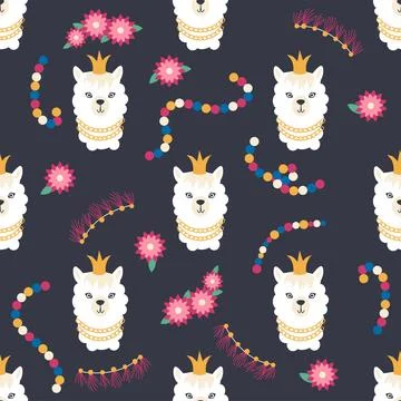 Seamless pattern with llama, alpaca faces. Cute drawings of llama head with h Stock Illustration