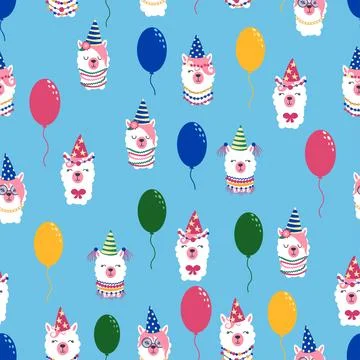 Seamless pattern with llama, alpaca faces. Birthday theme. Caps, balloons, .. Stock Illustration