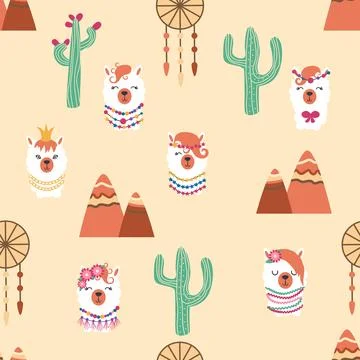 Seamless pattern with llama, alpaca faces. Cute drawings of llama head with h Stock Illustration