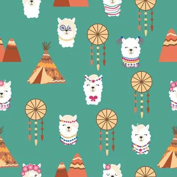 Seamless pattern with llama, alpaca faces. Cute drawings of llama head with h Stock Illustration