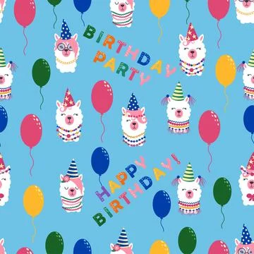 Seamless pattern with llama, alpaca faces. Birthday theme. Caps, balloons, .. Stock Illustration