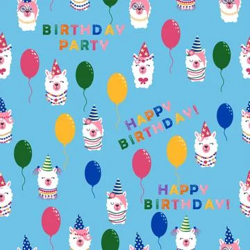 Seamless pattern with llama, alpaca faces. Birthday theme. Caps, balloons, .. Stock Illustration