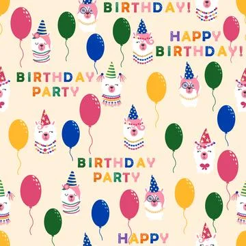 Seamless pattern with llama, alpaca faces. Birthday theme. Caps, balloons, in Stock Illustration