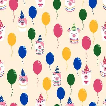 Seamless pattern with llama, alpaca faces. Birthday theme. Caps, balloons, .. Stock Illustration