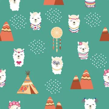 Seamless pattern with llama, alpaca faces. Cute drawings of llama head with h 스톡 일러스트