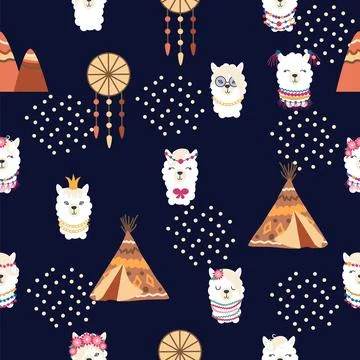 Seamless pattern with llama, alpaca faces. Cute drawings of llama head with.. Stock Illustration