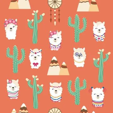 Seamless pattern with llama, alpaca faces. Cute drawings of llama head with h Stock Illustration