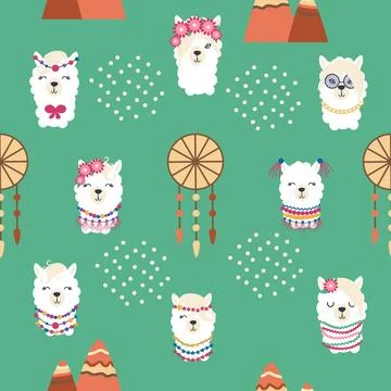 Seamless pattern with llama, alpaca faces. Cute drawings of llama head with.. Stock Illustration