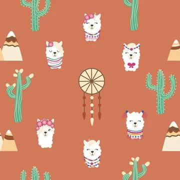 Seamless pattern with llama, alpaca faces. Cute drawings of llama head with h 스톡 일러스트